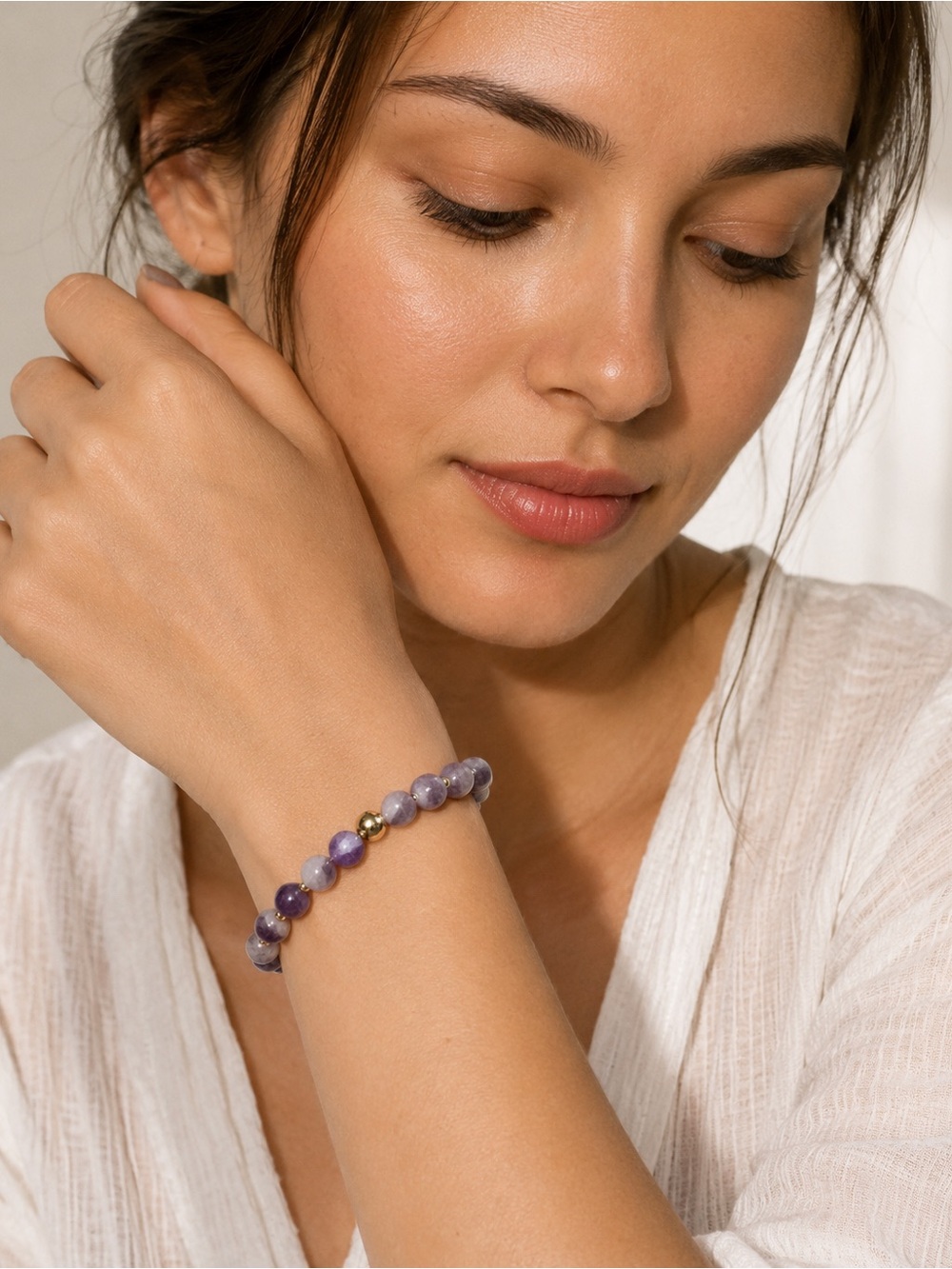 4-4- $25- Amethyst Beaded Stretch Bracelet with Gold Accents